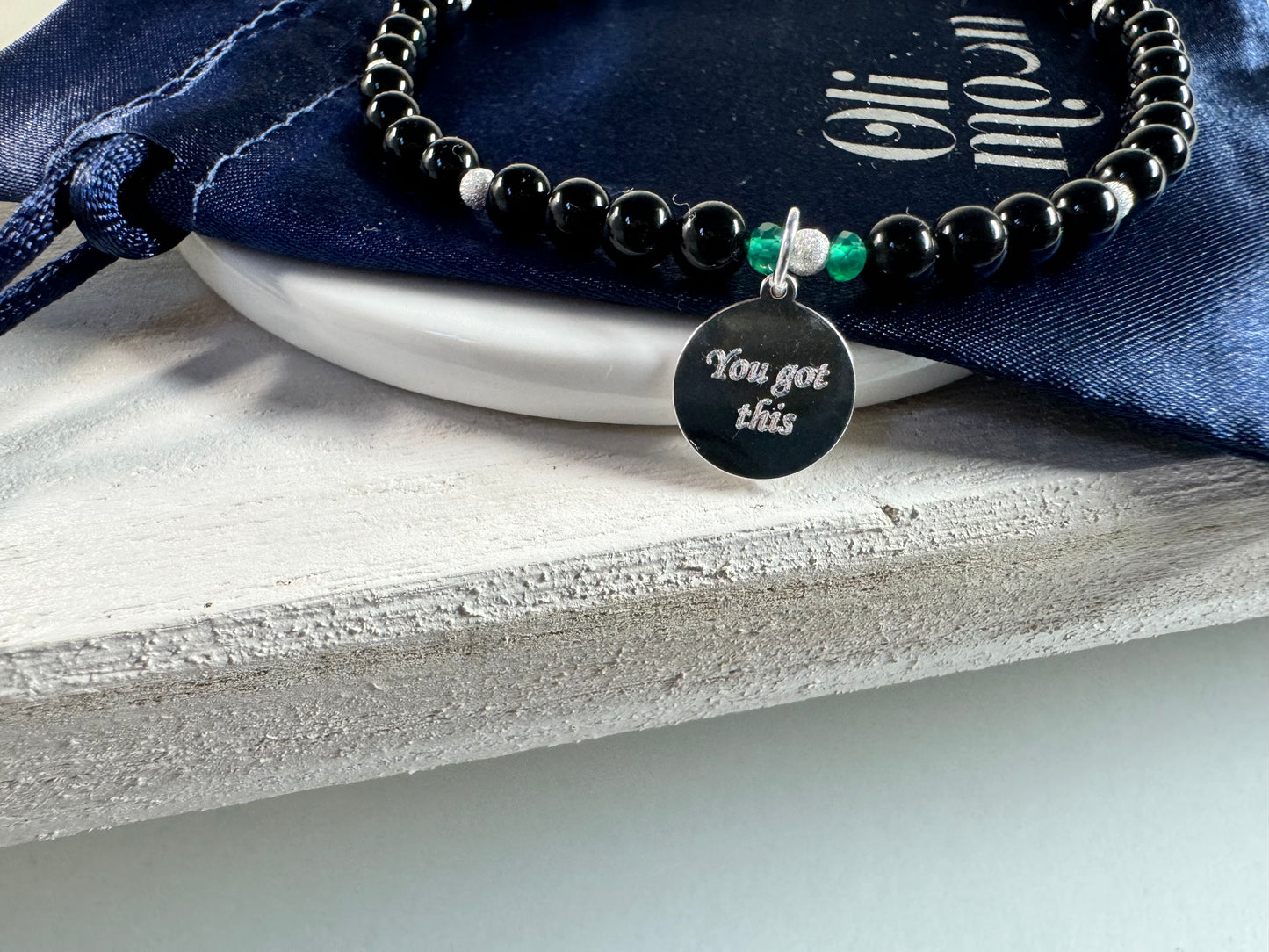 Black Onyx and Sterling Silver personalised 'You've got this' strength bracelet