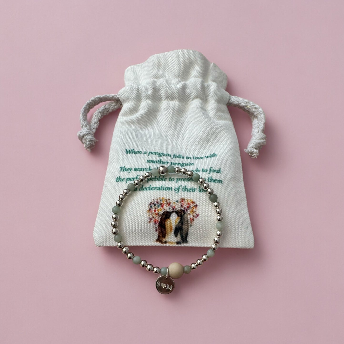 Penguin pebble amazonite and sterling silver bracelet
